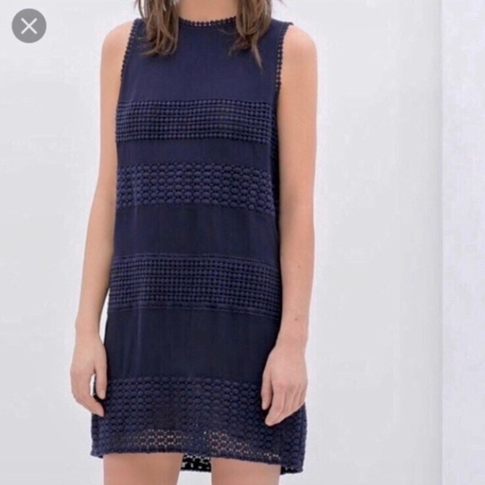 Zara women sleeveless lace panel‎ mini shift dress in navy blue Crew neck